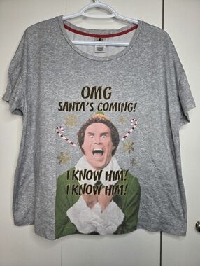 🌷ELF Movie Women's L Gray Short Sleeve Tee "OMG Santa's Coming! I Know Him!"